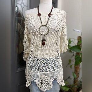 WoWo Cream Bohemian Crochet Doily Pullover Tunic Top | Size L